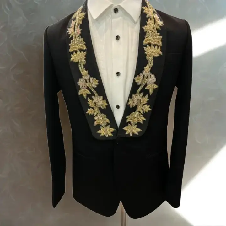 Luxury Black Men’s Blazer with Gold Zardoji Worked Shawl Lapel